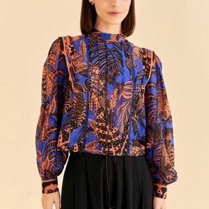 Farm Rio Tropical Pleated Long Sleeve Blouse